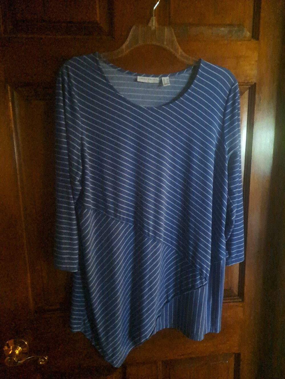 Susan Graver Navy and White Striped Asymmetrical Long Sleeve Top